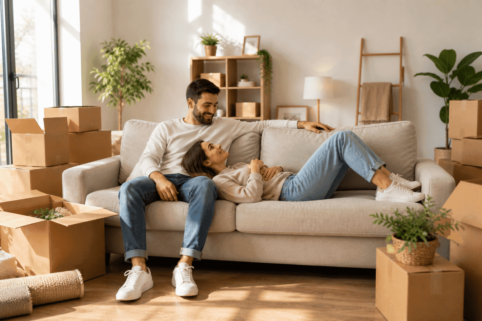 Jeune couple heureux assis sur un canapé dans leur nouveau logement avec cartons de déménagement